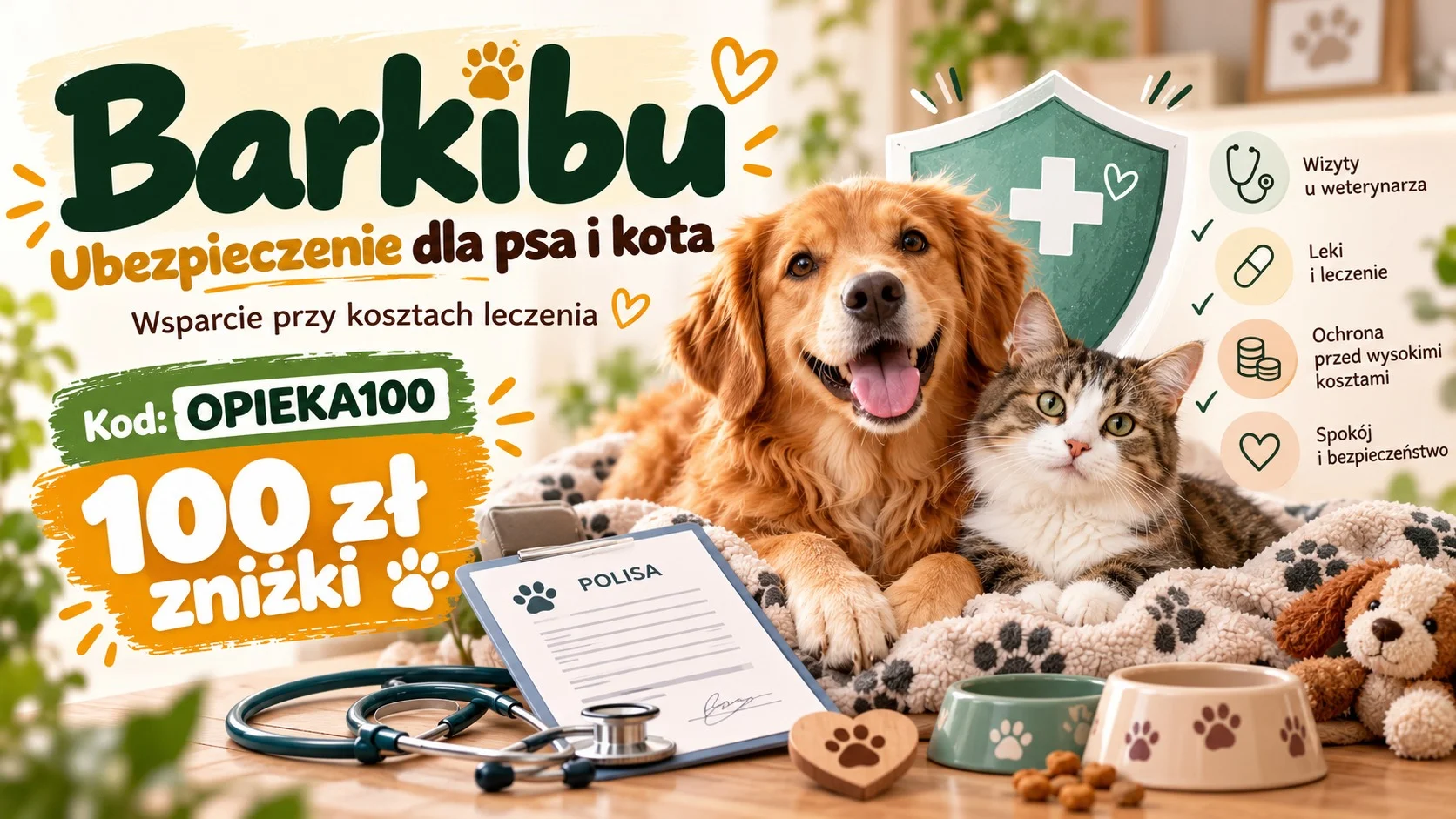 Ilustracja promocyjna Barkibu – ubezpieczenie dla psa i kota, opieka weterynaryjna oraz kod OPIEKA100 dający 100 zł zniżki.