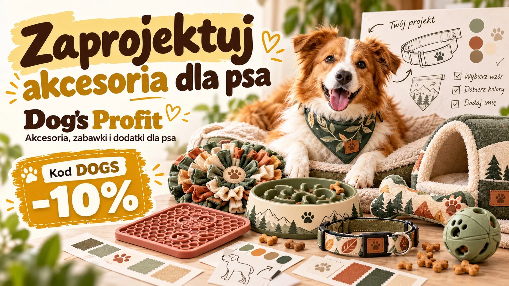 Ilustracja promocyjna Dog’s Profit – personalizowane akcesoria dla psa, napis „Zaprojektuj akcesoria dla psa” oraz kod rabatowy DOGS dający 10% zniżki.