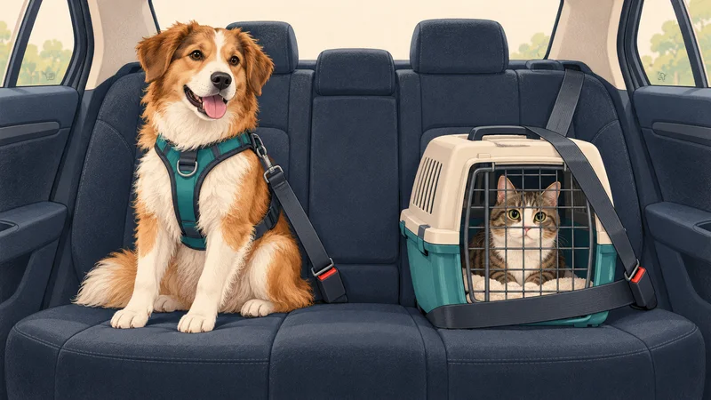 Pies w szelkach samochodowych i kot w zabezpieczonym transporterze na tylnej kanapie.