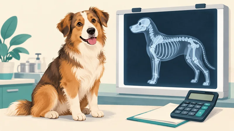 Pies obok ilustracji zdjęcia RTG oraz kalkulatora kosztów badania.