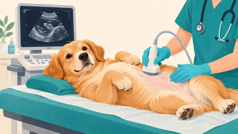 Ilustracja spokojnego psa podczas badania USG brzucha.