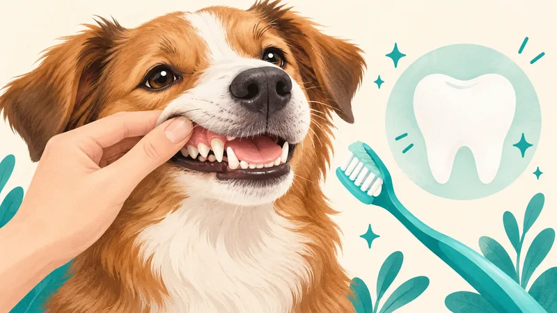 Ilustracja oglądania zębów psa, ze szczoteczką i symbolem zęba.
