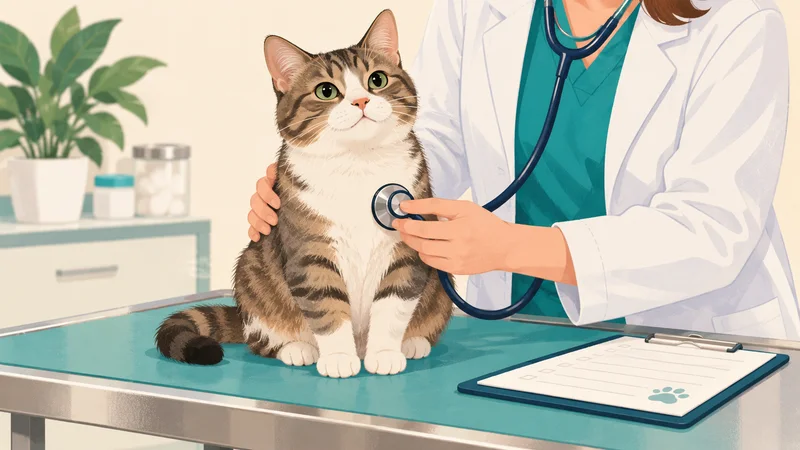 Ilustracja kota podczas kontroli zdrowia u weterynarza.